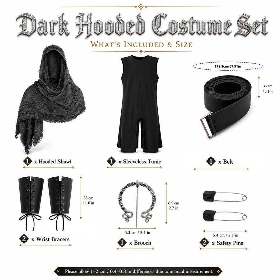Included hooded shawl, tunic, belt, two wrist bracers, brooch and two safety pins with accessory dimensions.