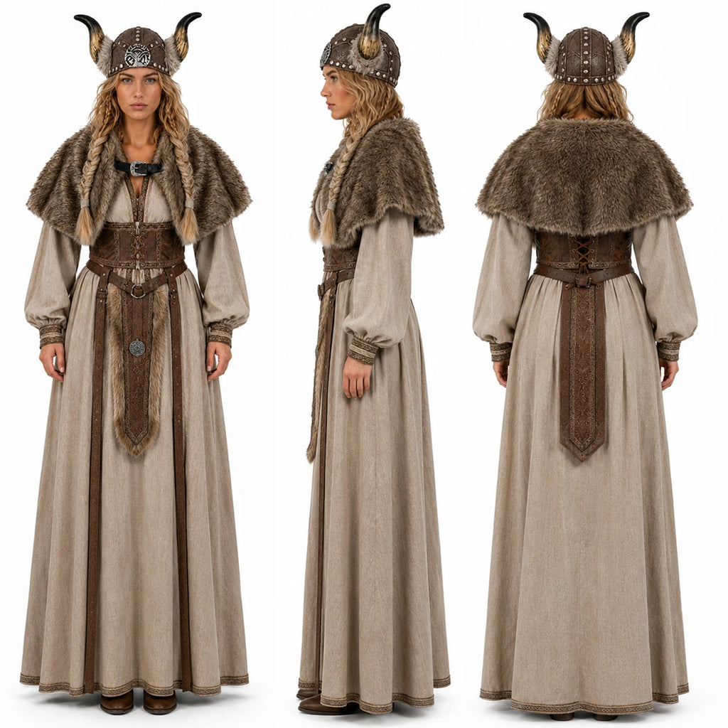 Back view of the short brown faux-fur Viking shoulder cape