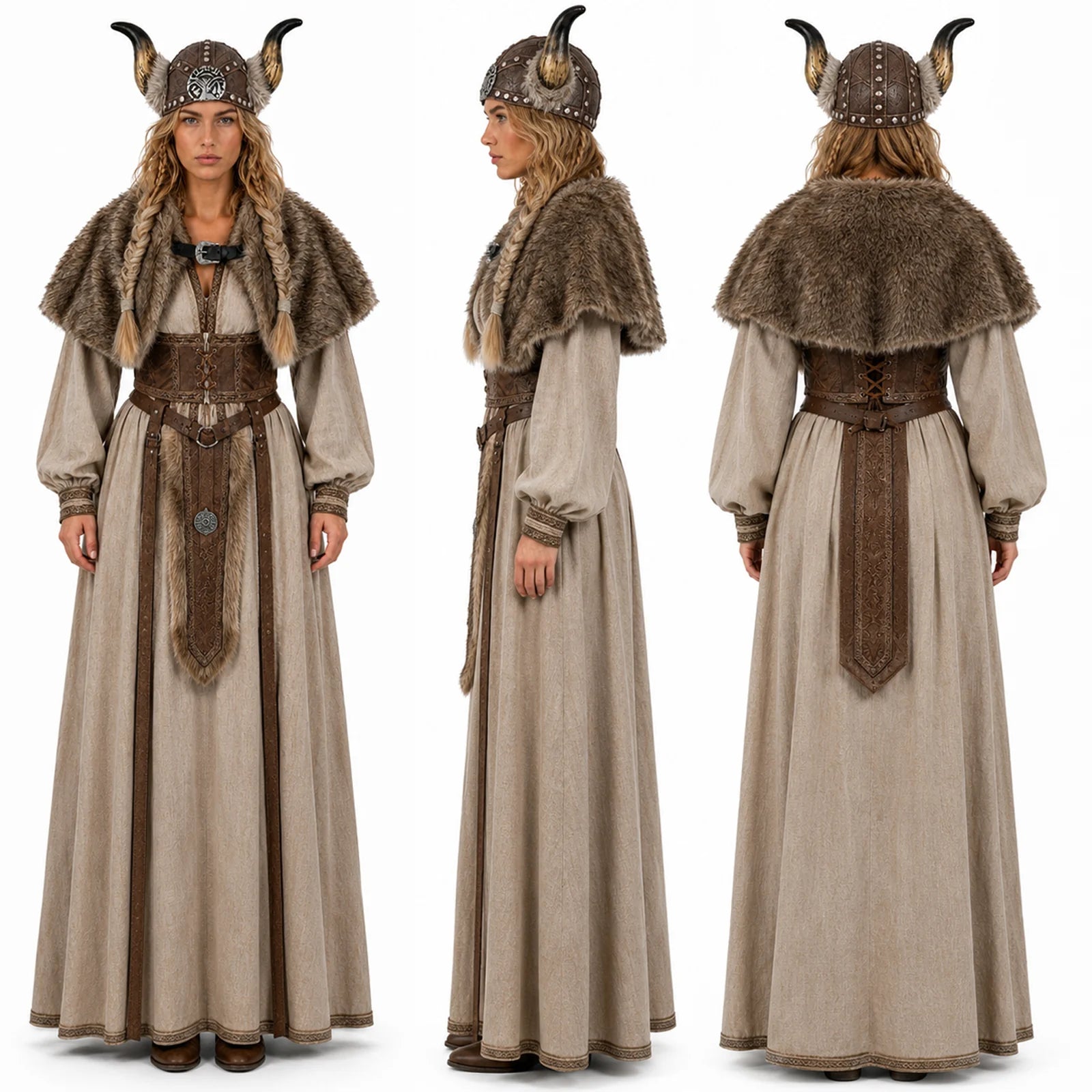 Back view of the short brown faux-fur Viking shoulder cape