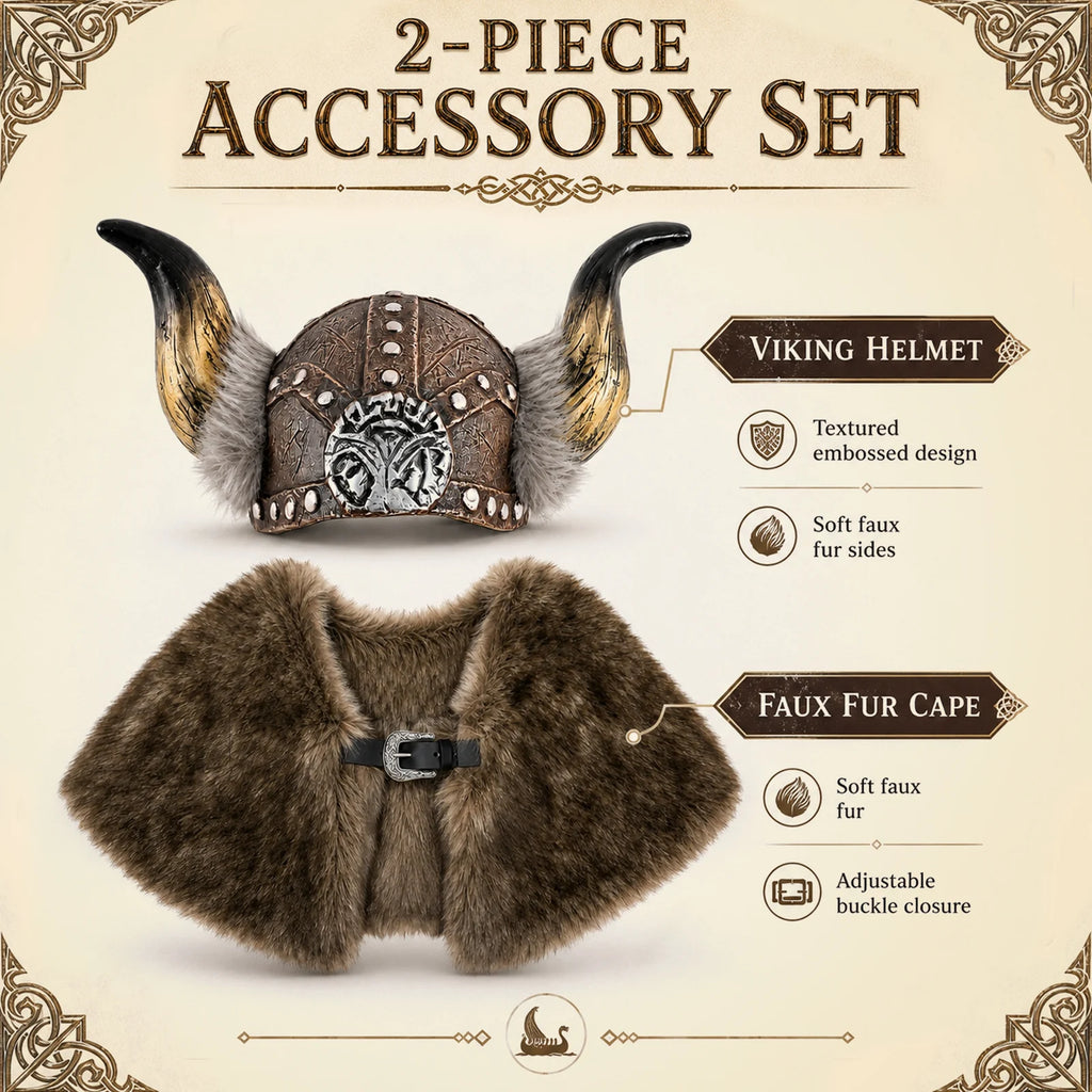 Two-piece Viking accessory set with horned helmet and brown faux-fur cape