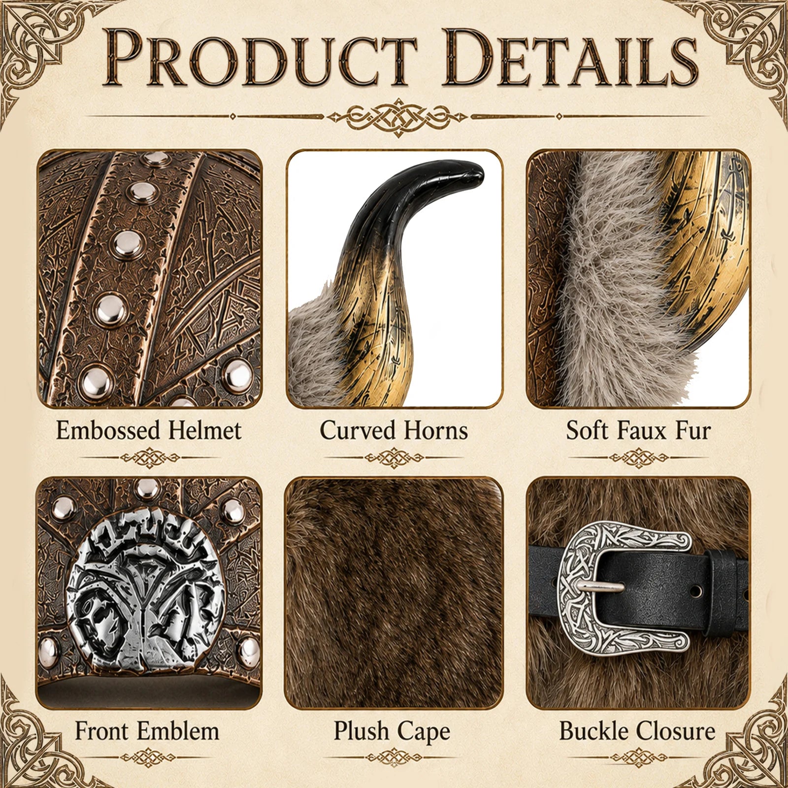 Detail collage of the Viking helmet texture, horns, faux fur, and cape buckle