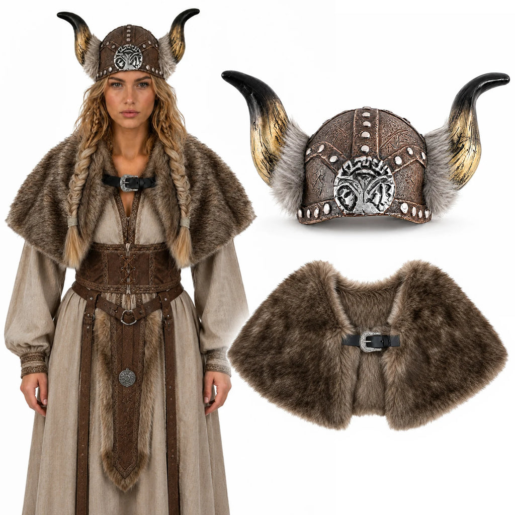 Brown Viking fur cape and horned costume helmet displayed as a two-piece set