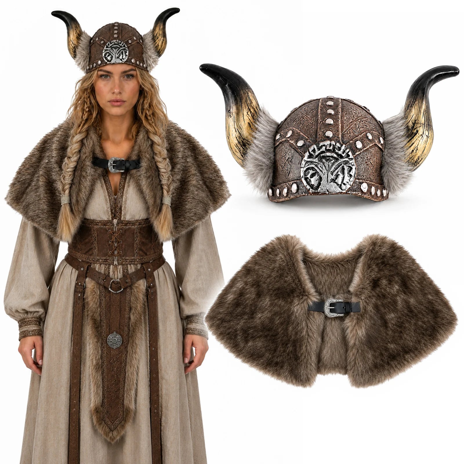 Brown Viking fur cape and horned costume helmet displayed as a two-piece set
