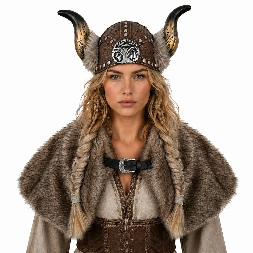 Front view of an adult wearing the Viking horned helmet and brown faux-fur cape