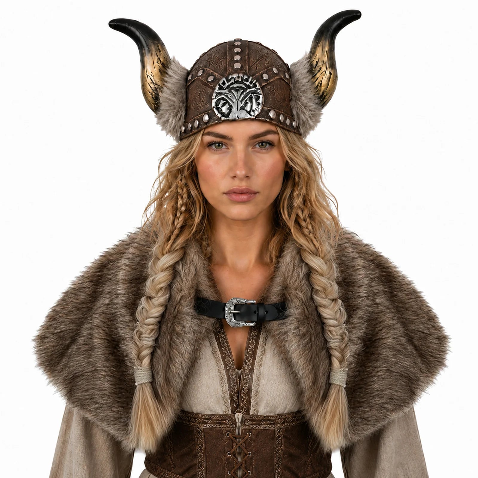 Front view of an adult wearing the Viking horned helmet and brown faux-fur cape