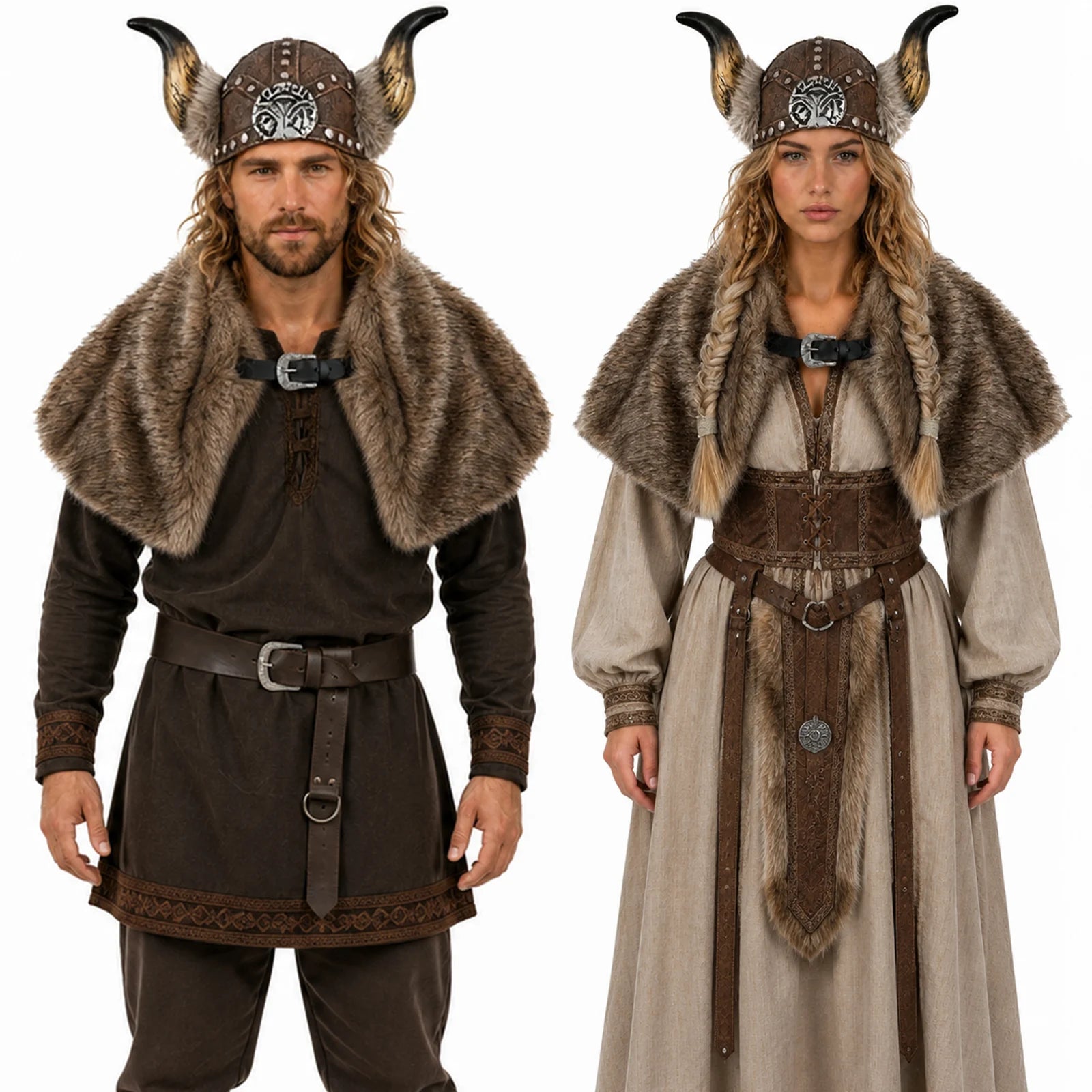 Man and woman wearing the brown Viking fur cape and horned helmet costume accessories