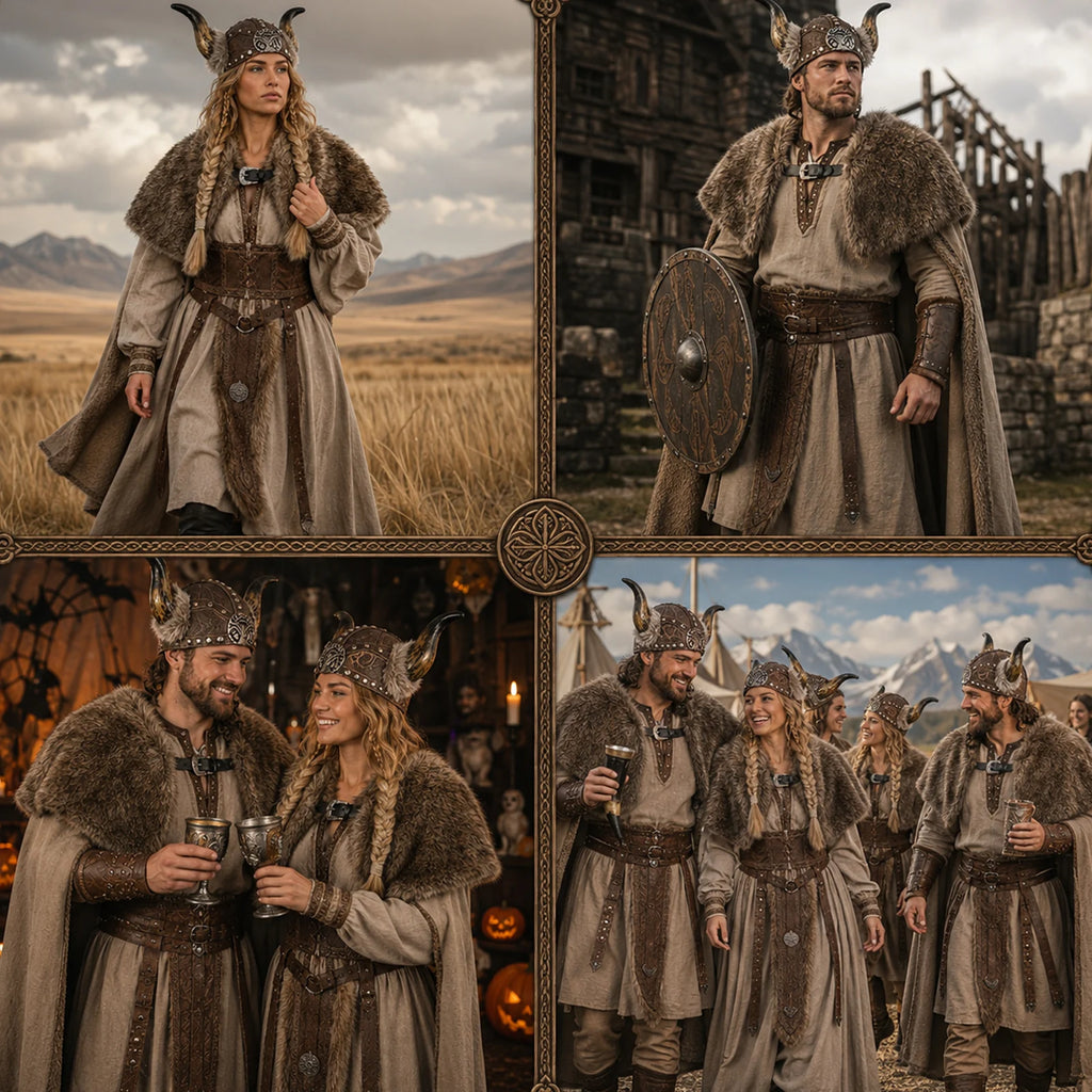Adult wearing Viking costume accessories in an outdoor Nordic-inspired setting