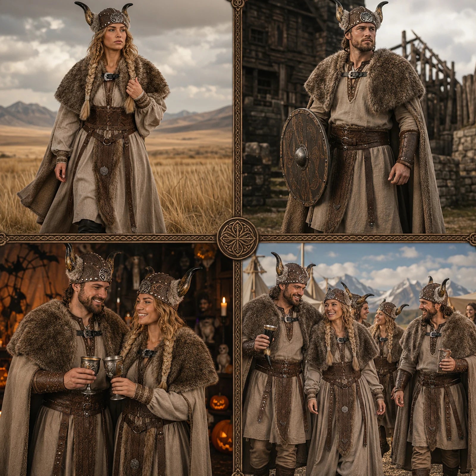 Adult wearing Viking costume accessories in an outdoor Nordic-inspired setting
