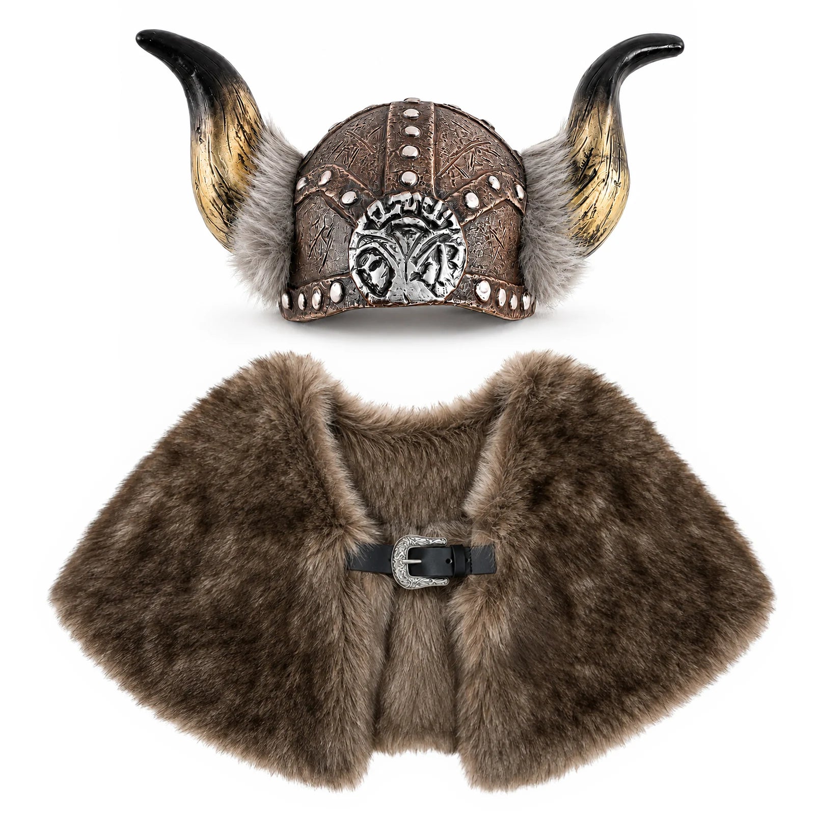 Side view showing the curved horns and textured brown Viking costume helmet