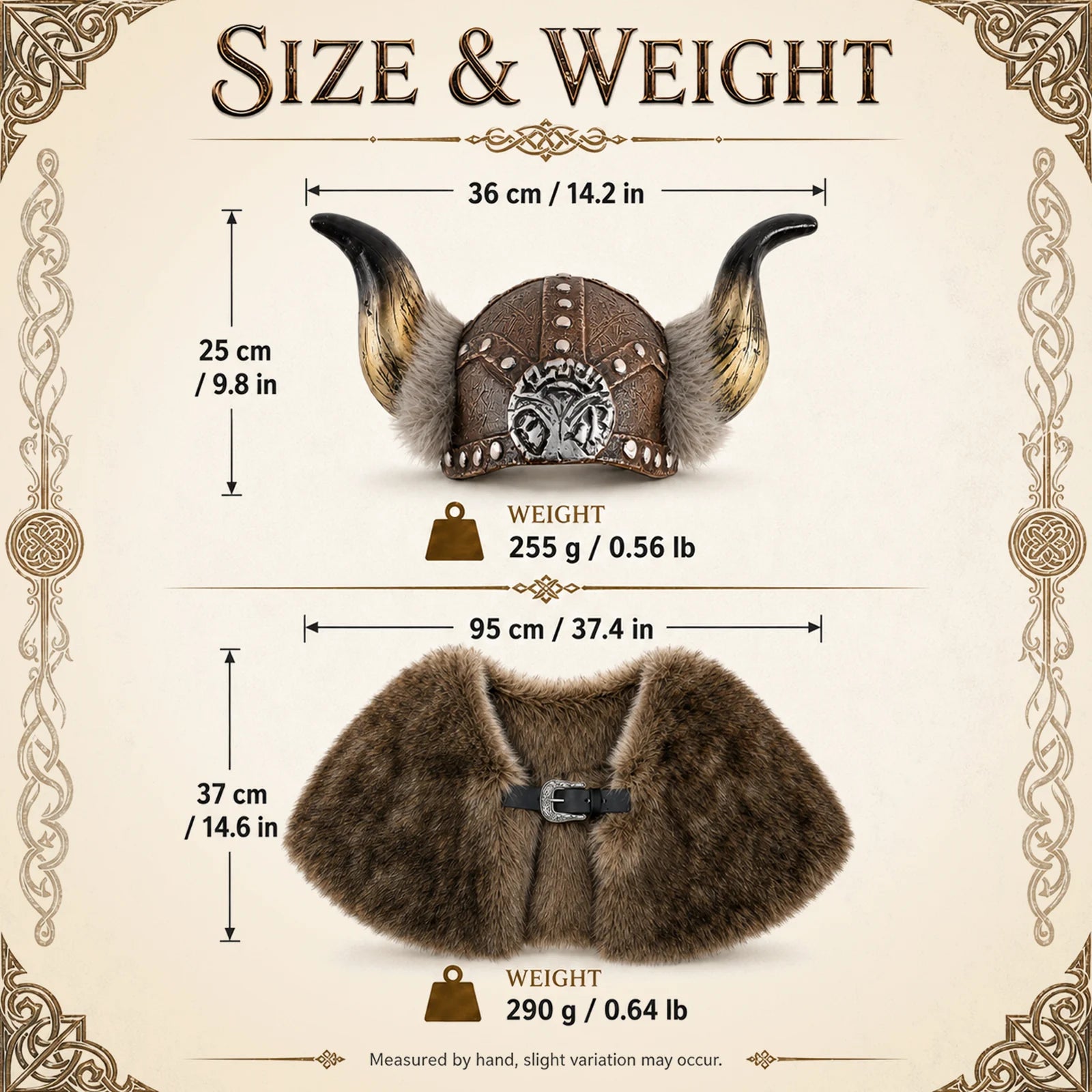 Viking helmet and faux-fur cape measurement guide in inches and centimeters