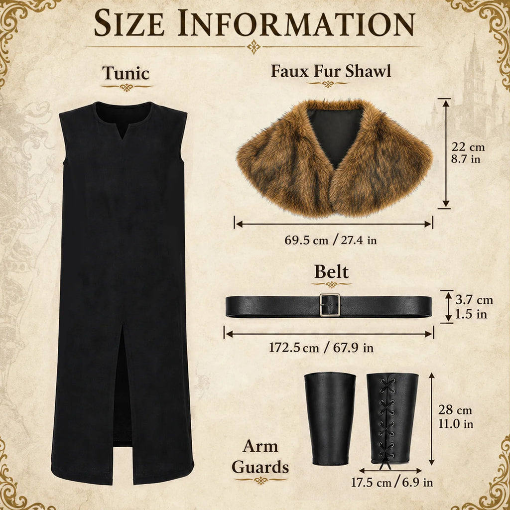 Size information for Viking costume parts: fur shawl 69.5 by 22 cm, belt 172.5 cm, arm guards 28 cm tall