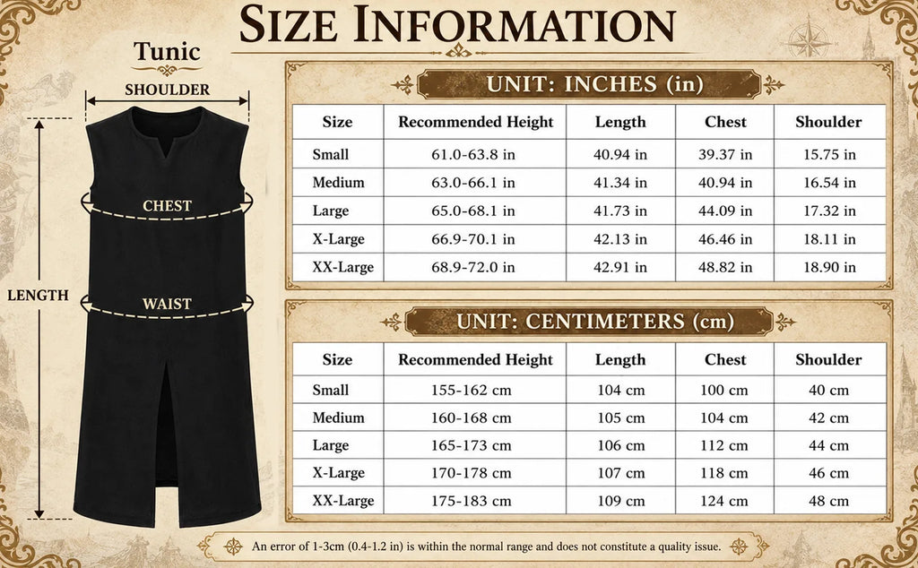 Viking tunic size chart table with recommended height, length, chest and shoulder in inches and centimeters for S to XXL