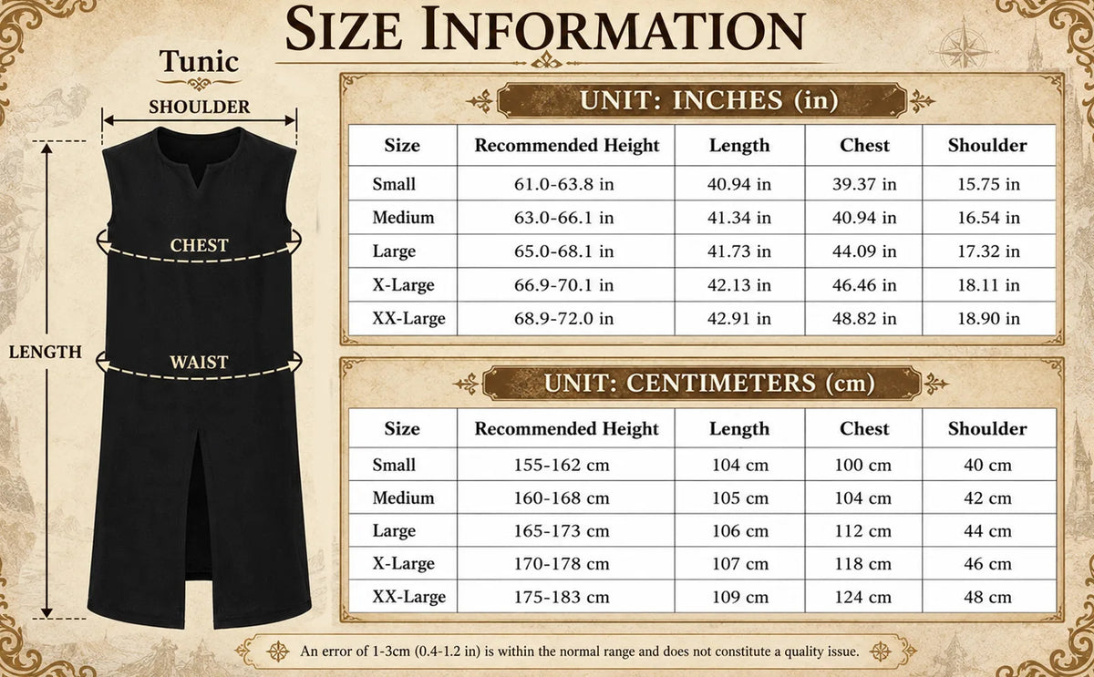 Viking tunic size chart table with recommended height, length, chest and shoulder in inches and centimeters for S to XXL