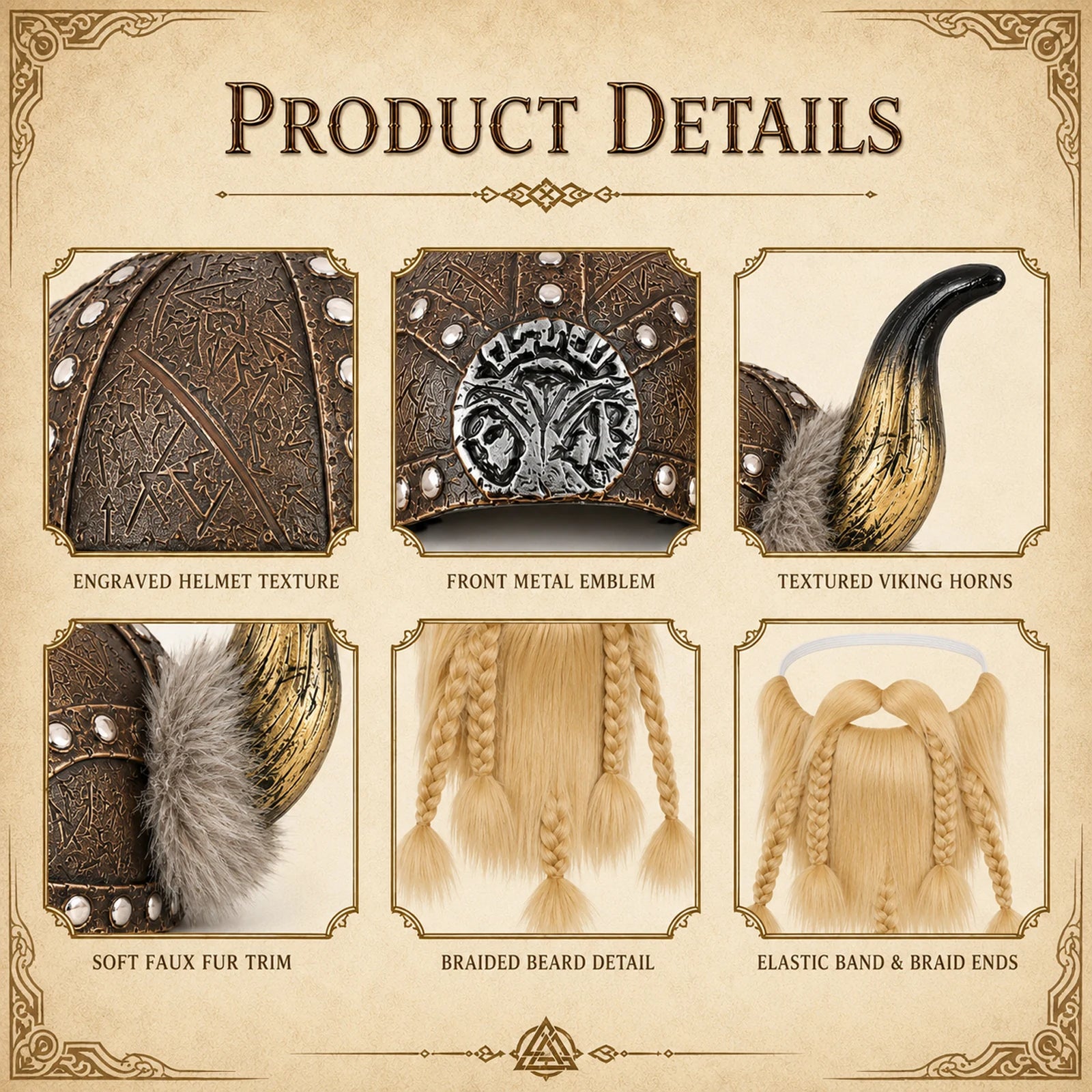 Engraved-look helmet panels, faux-fur horn trim and braided beard details