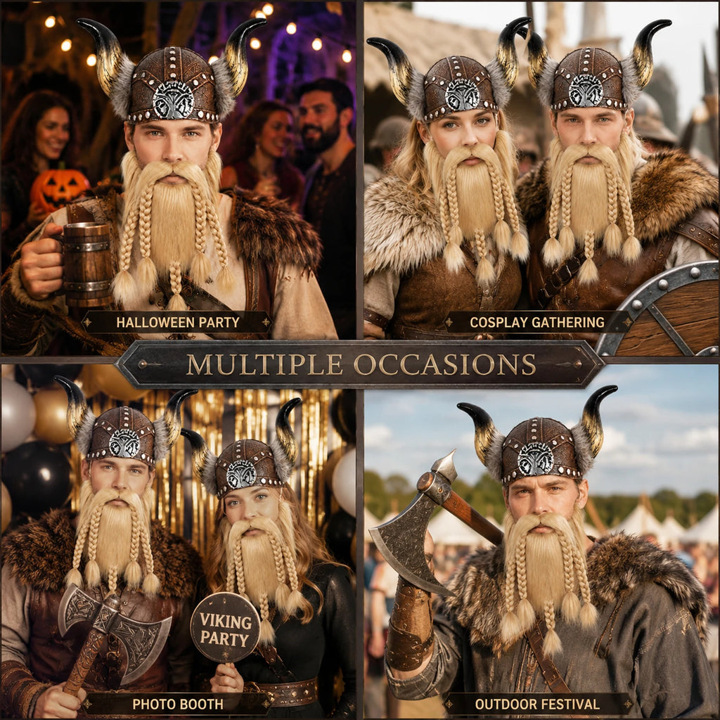 Viking helmet and braided beard styled for parties, cosplay and festivals