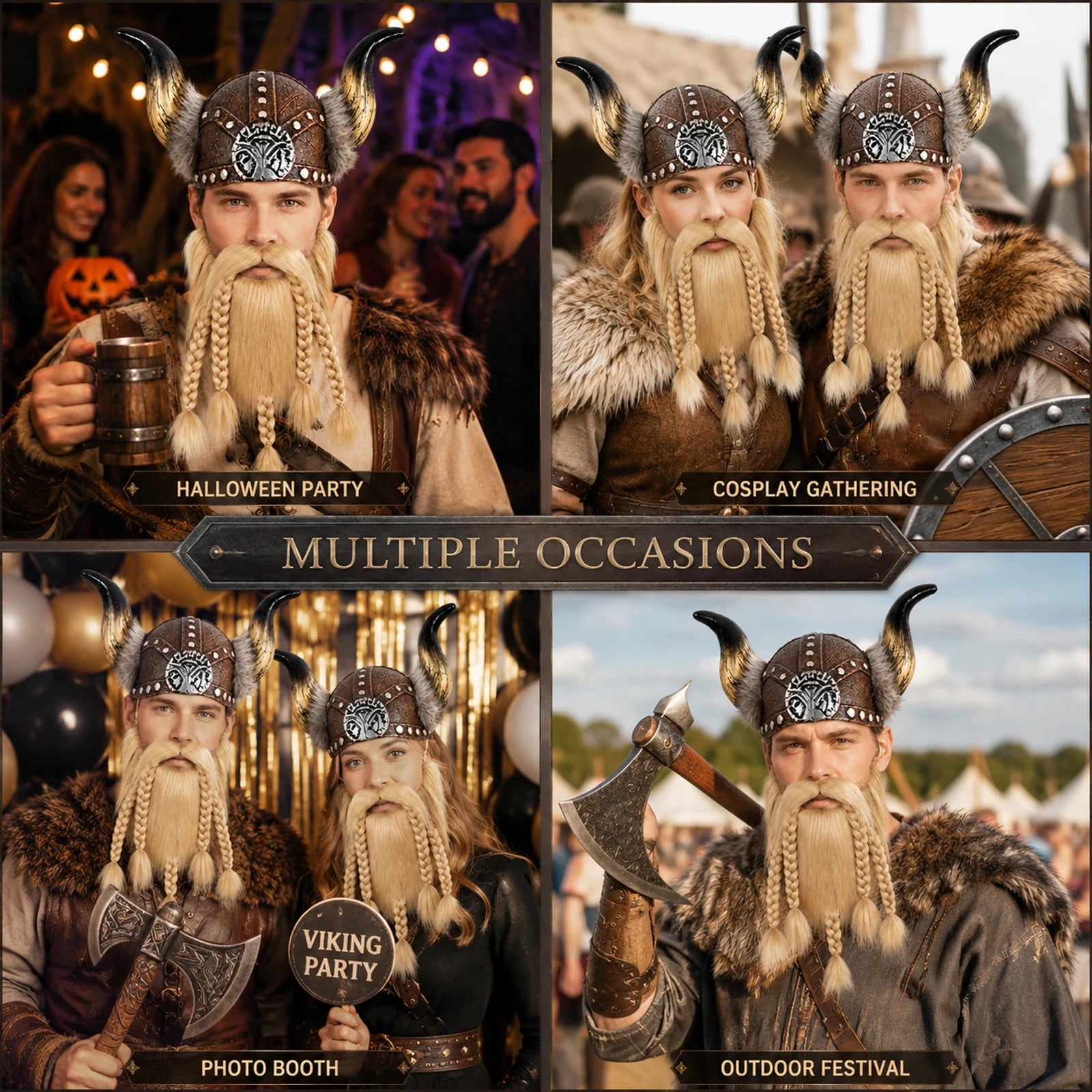 Viking helmet and braided beard styled for parties, cosplay and festivals
