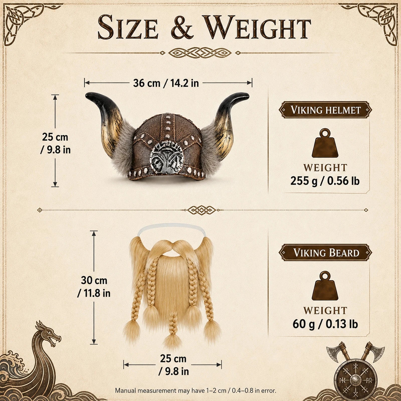 Viking helmet and braided beard measurements and individual weights