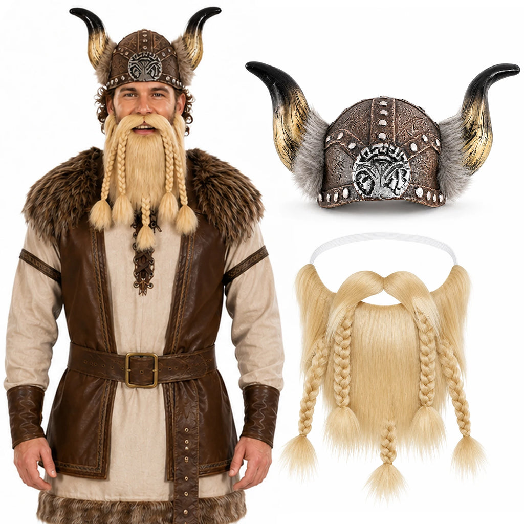Adult wearing a brown horned Viking costume helmet with blonde braided beard