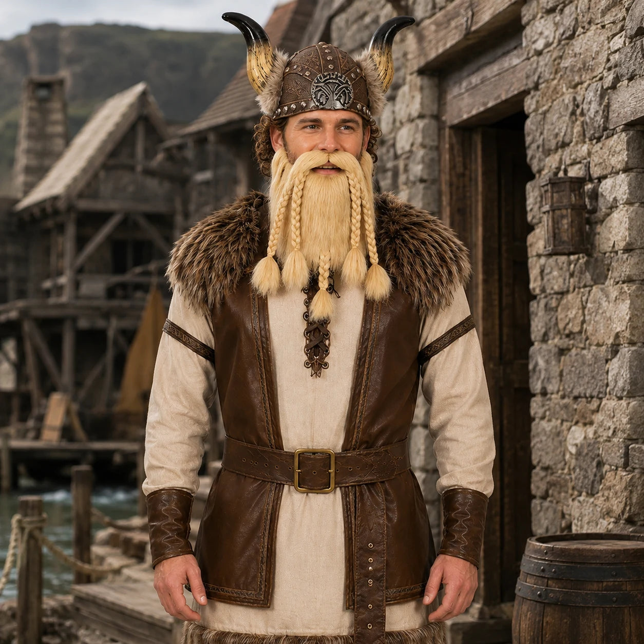 Man wearing a brown horned Viking helmet and blonde beard in a village setting
