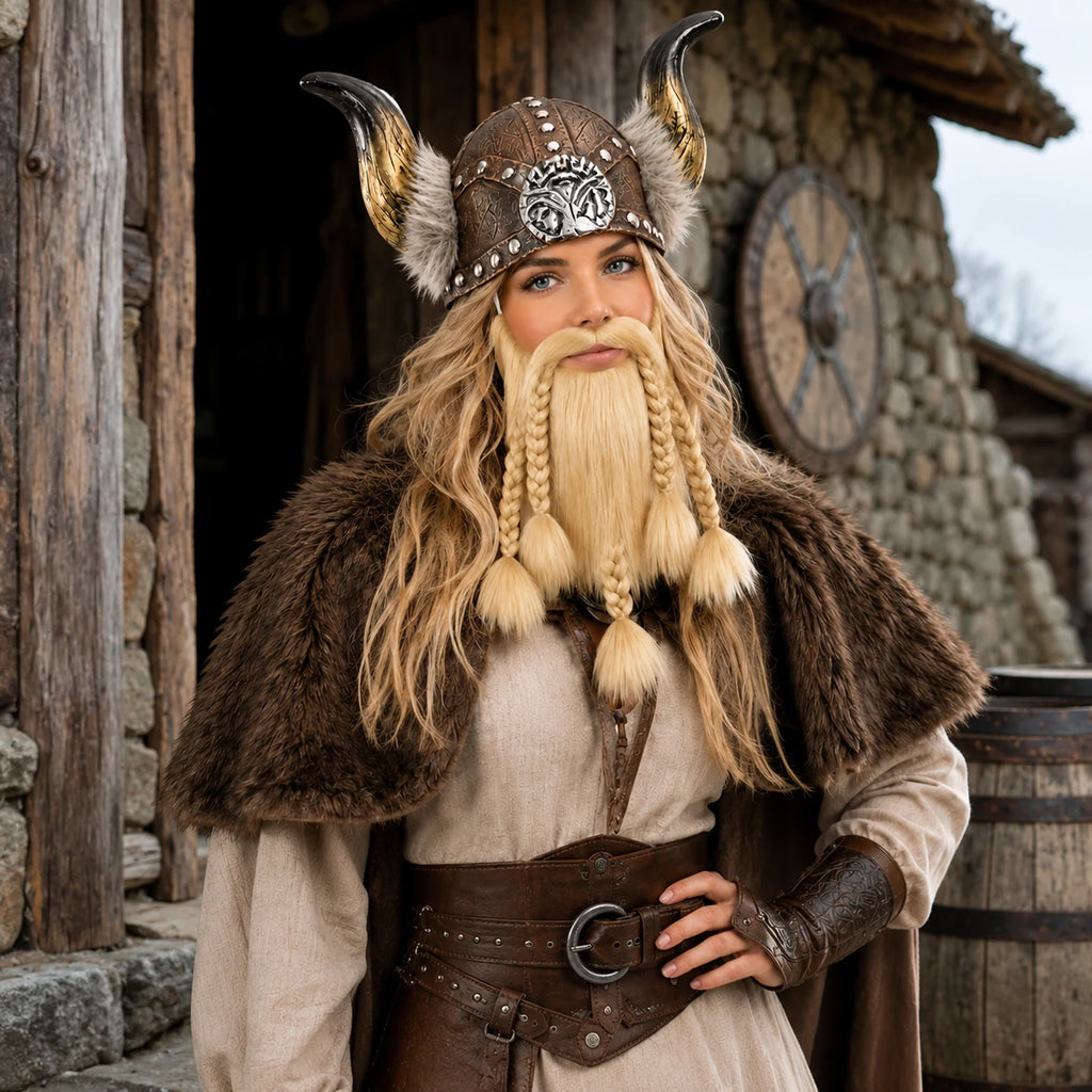 Woman styling the brown horned Viking helmet with blonde braided beard