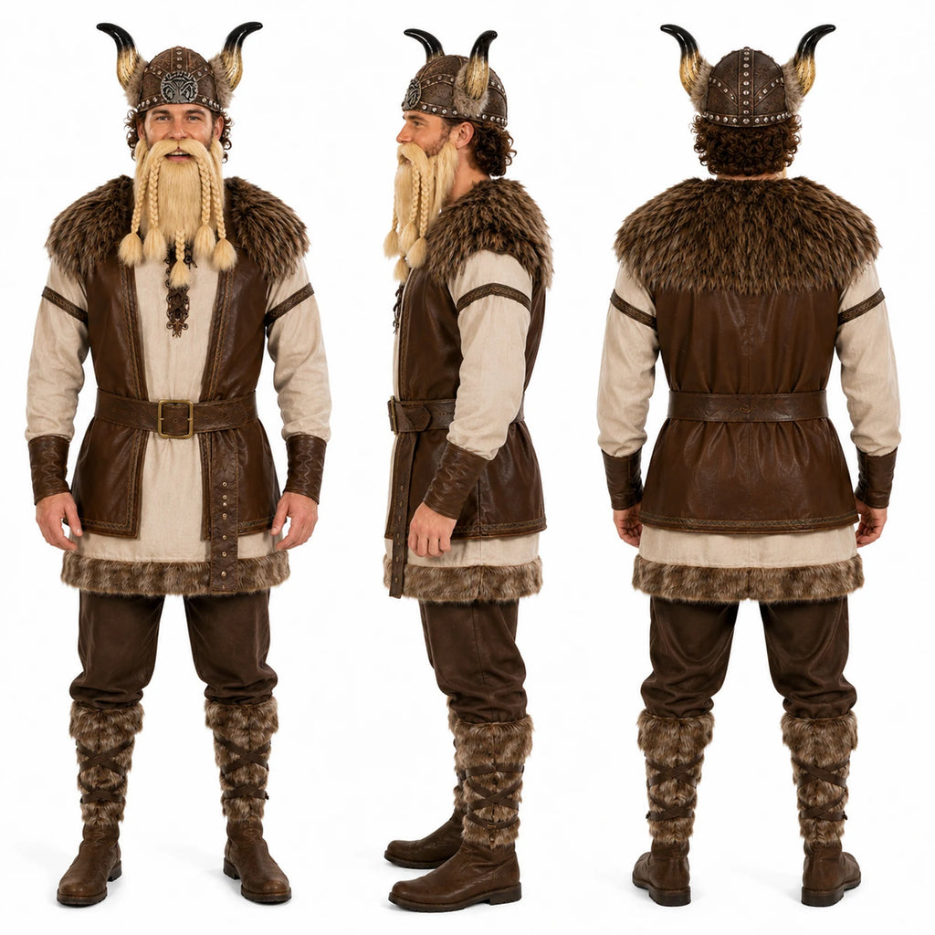 Viking helmet and beard set shown from front, side and back