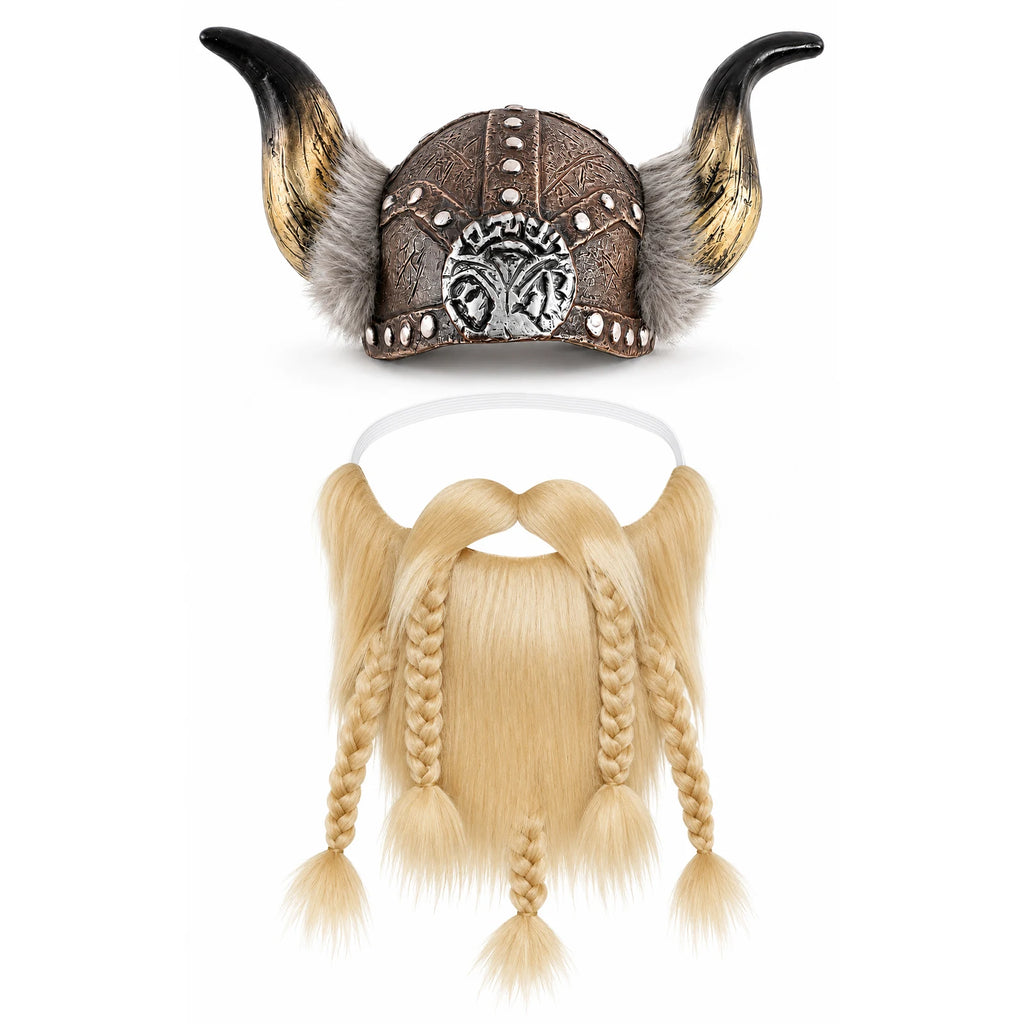 Viking costume accessory set with horned helmet and braided blonde beard