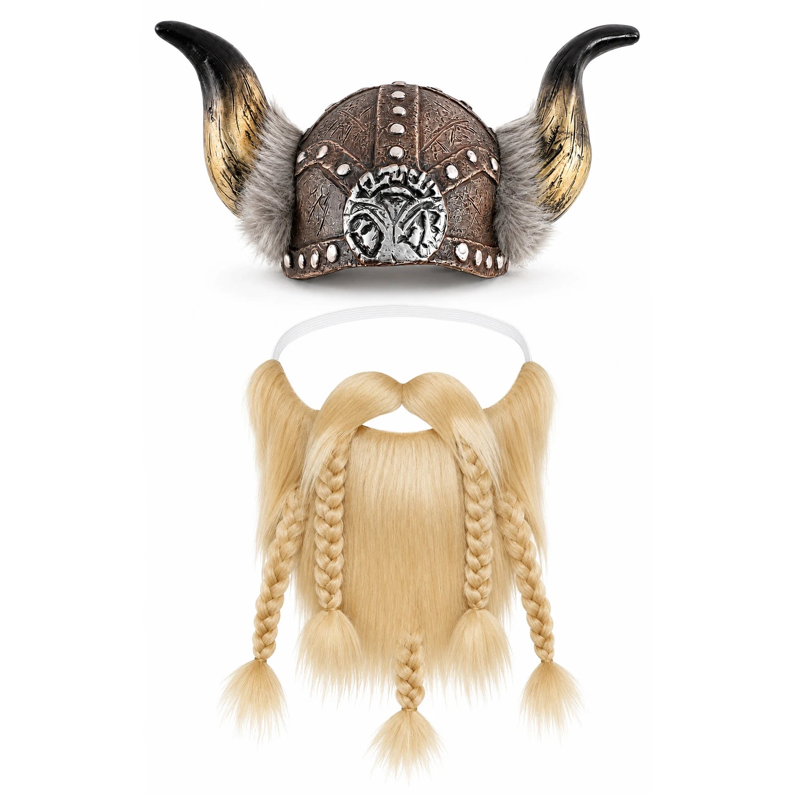 Viking costume accessory set with horned helmet and braided blonde beard