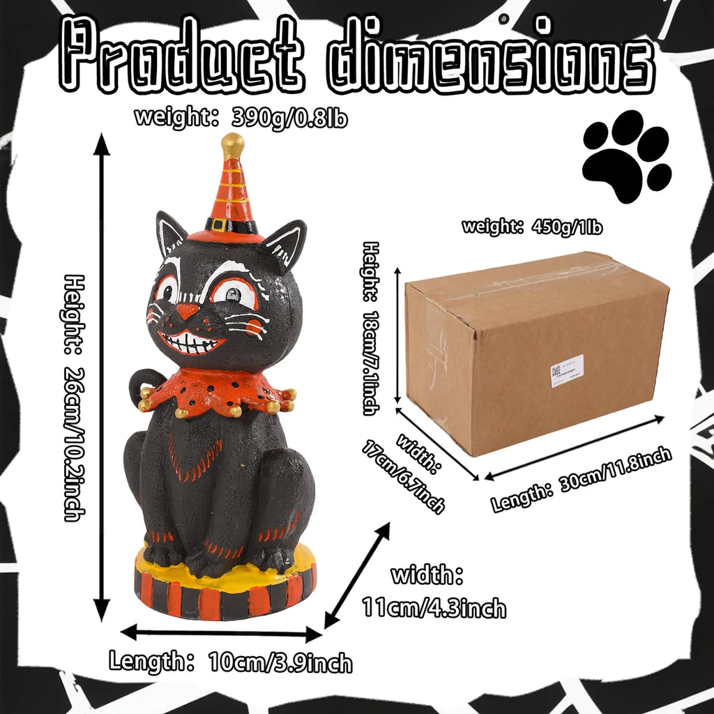 Dimension graphic for the smiling black cat figurine in centimeters and inches.