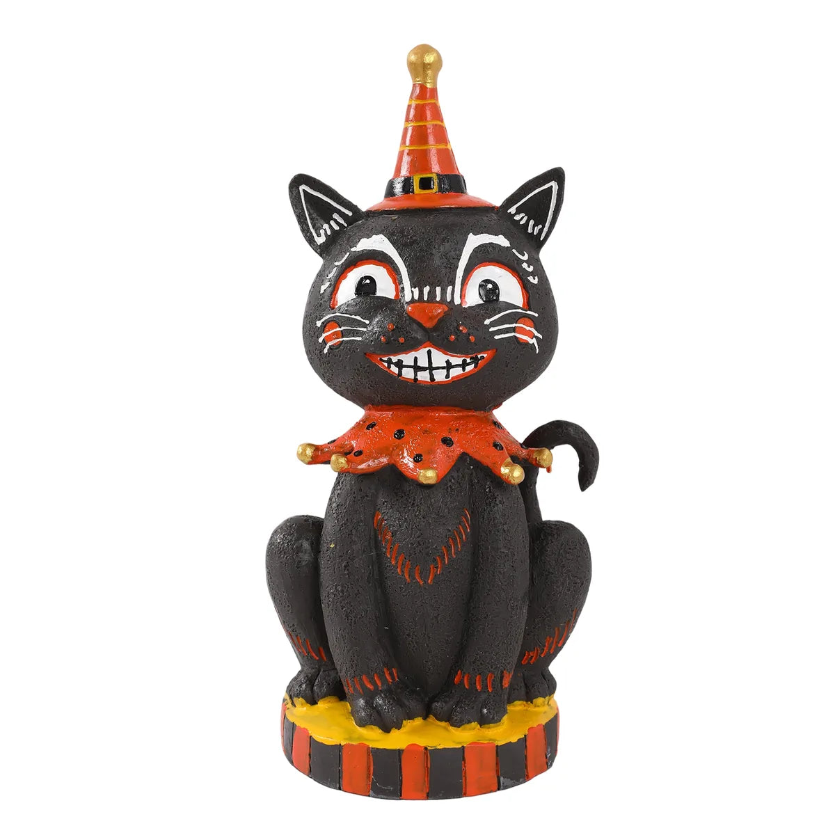 Vintage-style smiling black cat figurine with an orange party hat.