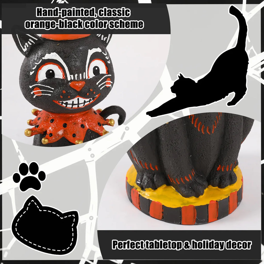 Detail graphic of the vintage smiling black cat figurine highlights the hand-painted face, collar, paws, and striped base.
