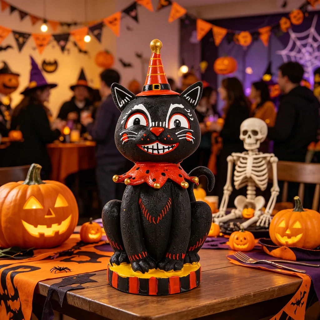 Vintage black cat figurine displayed on a decorated Halloween party table.