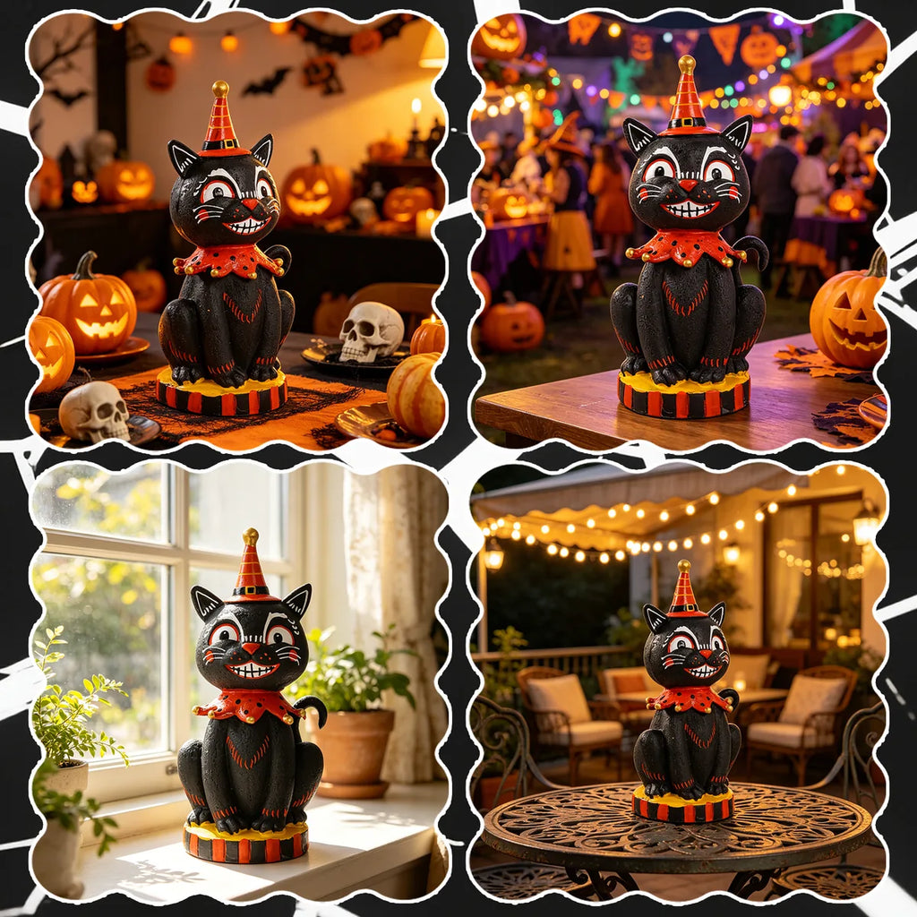Smiling black cat figurine shown across several indoor display settings.