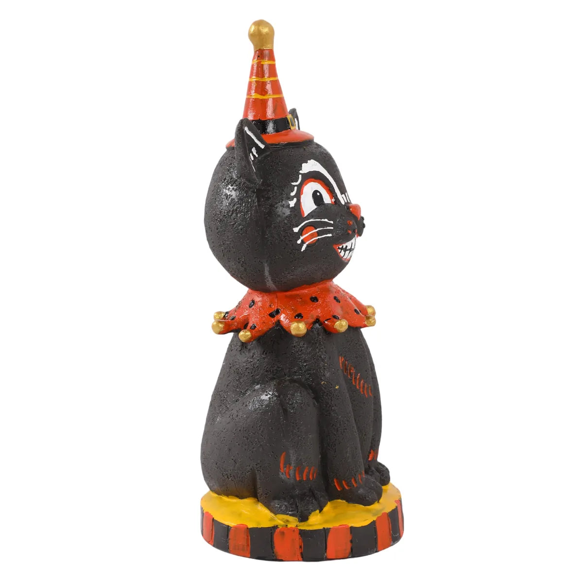 Side view shows the seated black cat and pointed party hat.