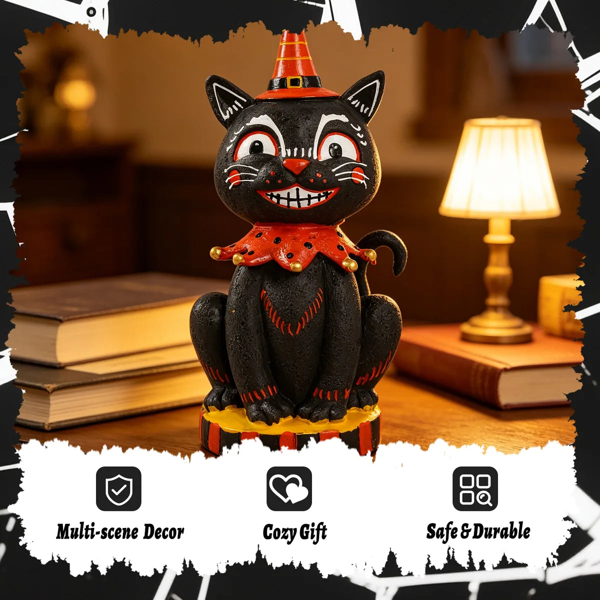 Smiling black cat figurine displayed beside books and warm table lighting.