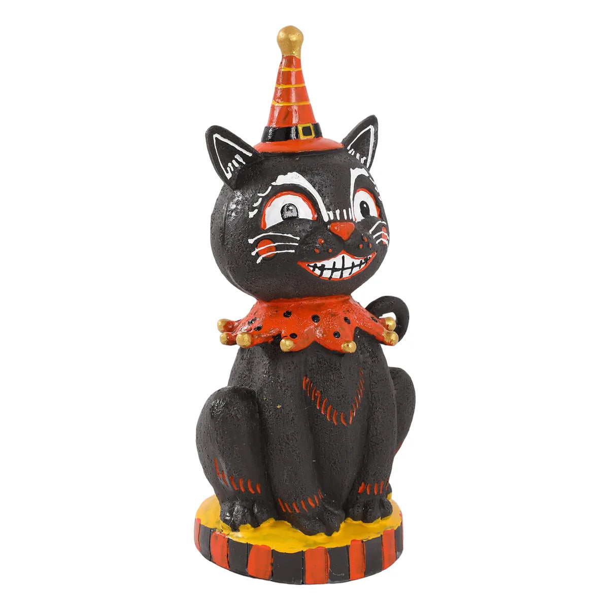 Three-quarter view shows the cat's grin, orange collar, and striped base.