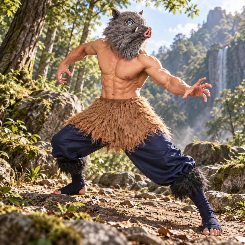 In a forest setting, a model wears a boar mask with the navy costume pants, brown wrap and shoe covers.