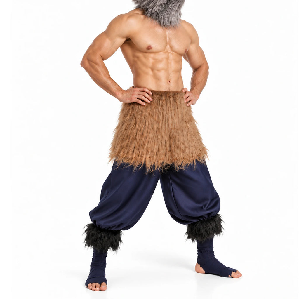 A model wears the navy costume pants and brown waist wrap with both hands on his hips and a partially visible boar mask.