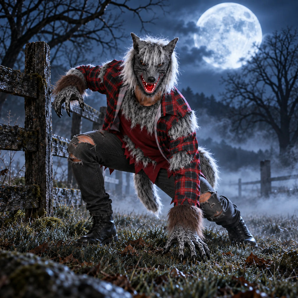 Werewolf Halloween costume worn in an outdoor night scene with clearly visible coordinated costume details.