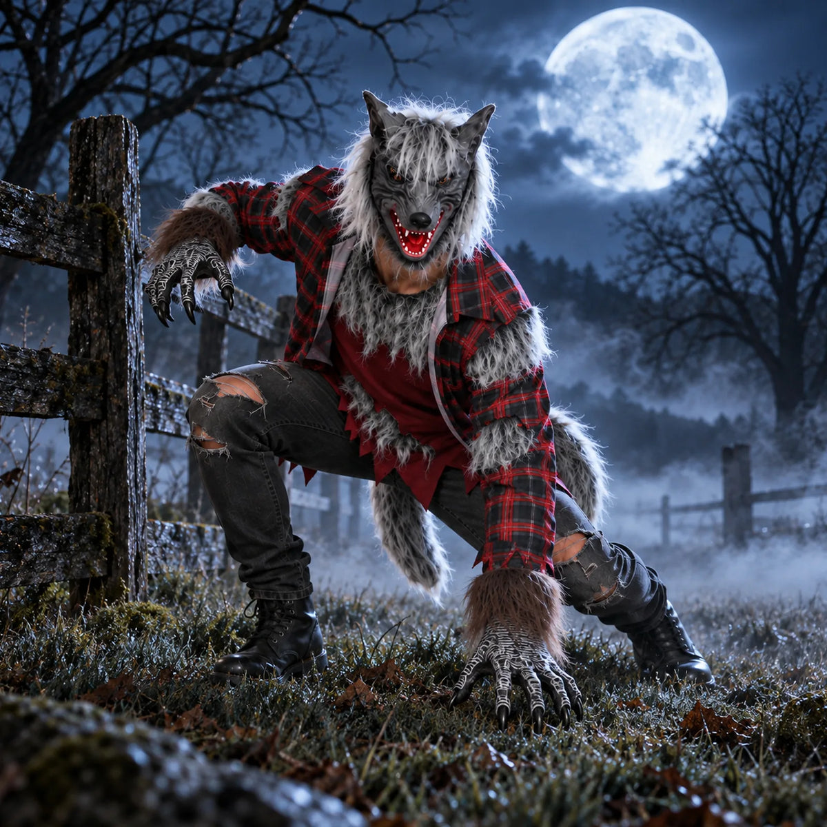 Werewolf Halloween costume worn in an outdoor night scene with clearly visible coordinated costume details.