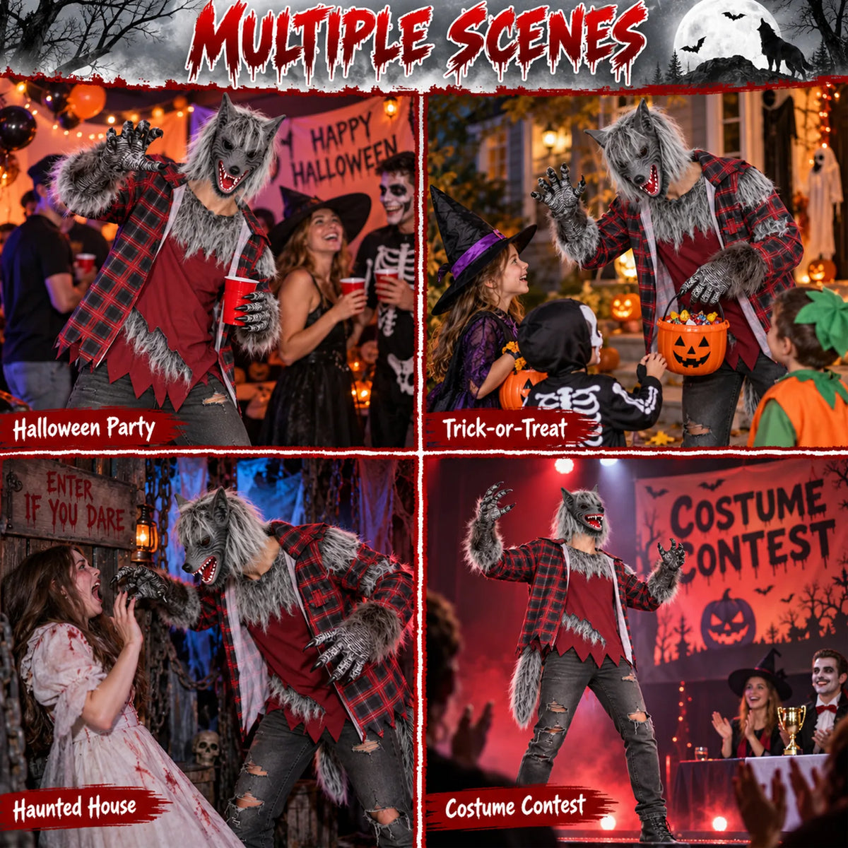 Adult werewolf costume set shown across several Halloween settings with clearly visible coordinated costume details.