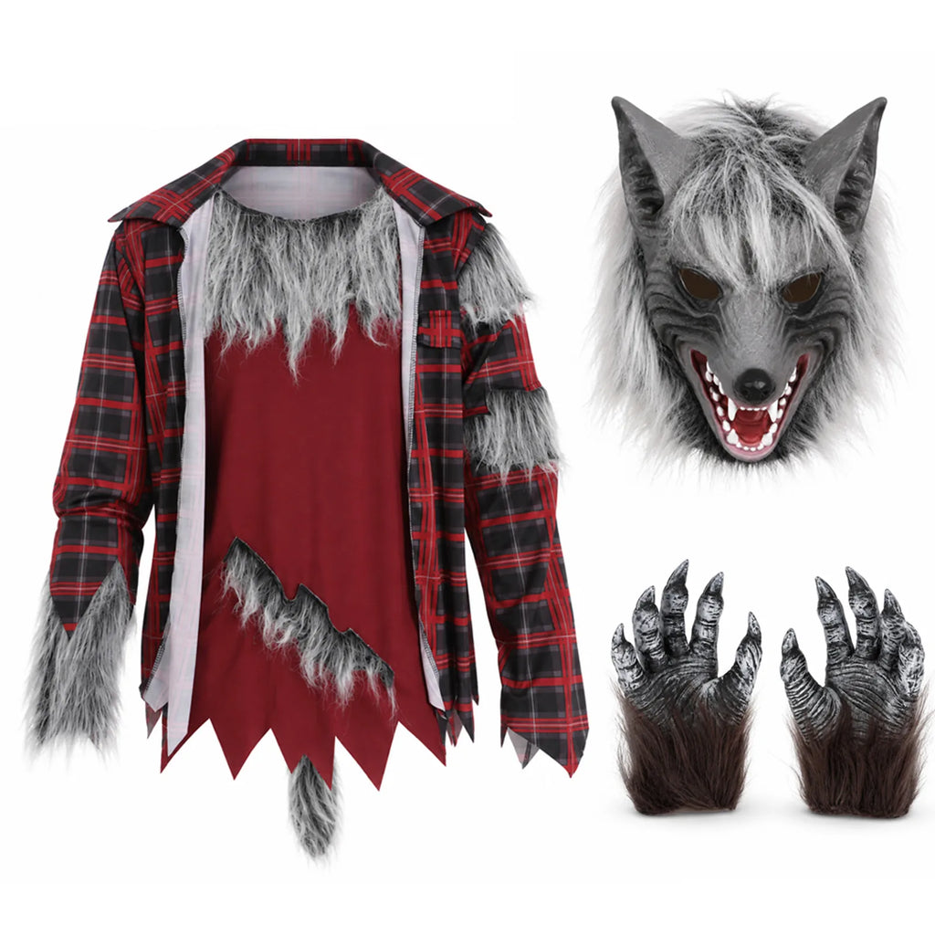 Adult models show multiple poses in the werewolf mask, plaid shirt, and gloves.