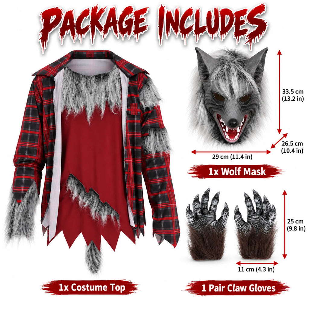 Measurement graphic for the werewolf mask and furry claw gloves.