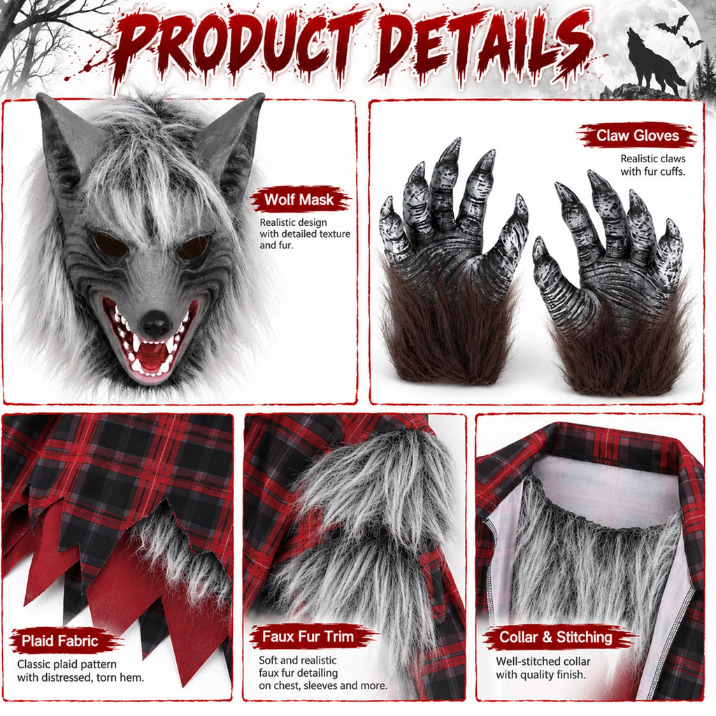 Close-up details of the wolf mask fangs, fur, claw gloves, and plaid shirt.
