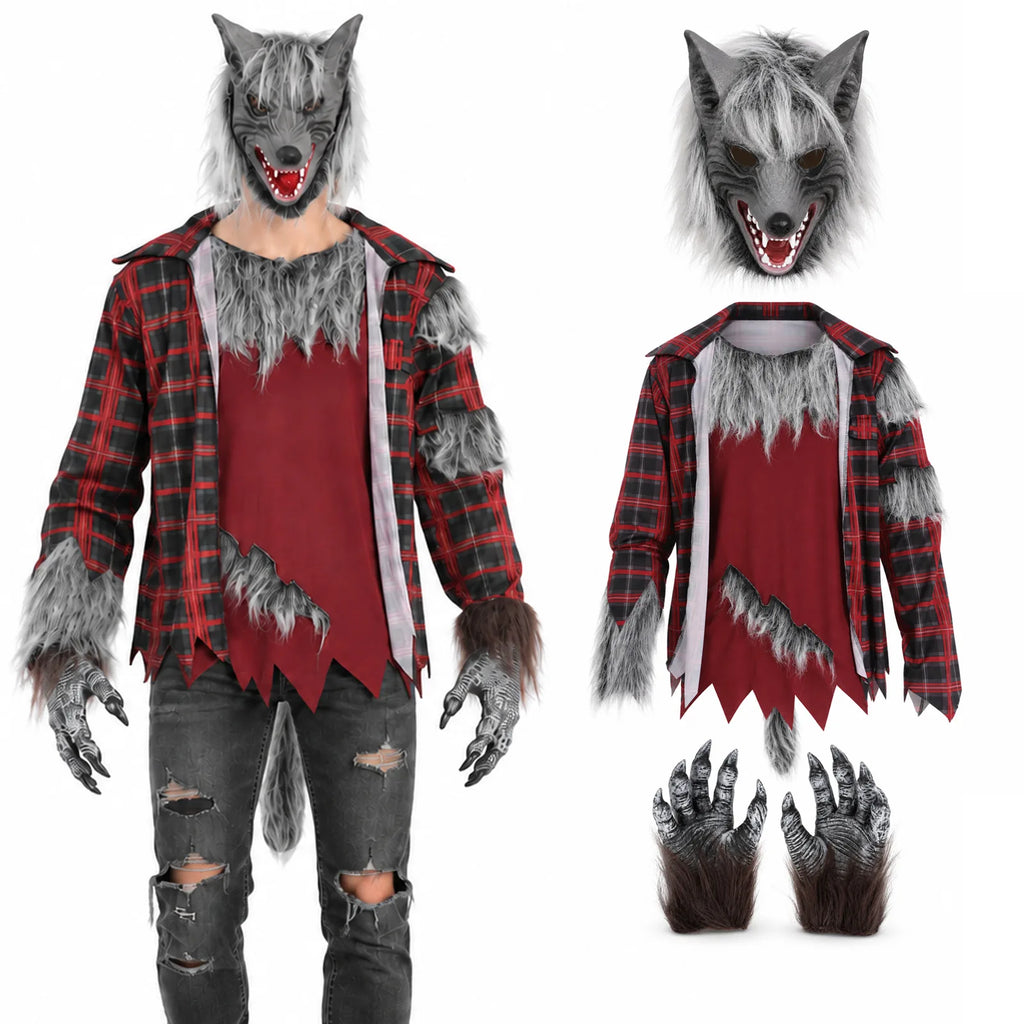 Three-piece werewolf costume set showing the gray wolf mask, plaid shirt, and claw gloves.
