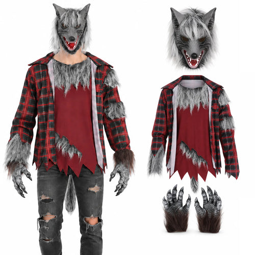 Three-piece werewolf costume set showing the gray wolf mask, plaid shirt, and claw gloves.