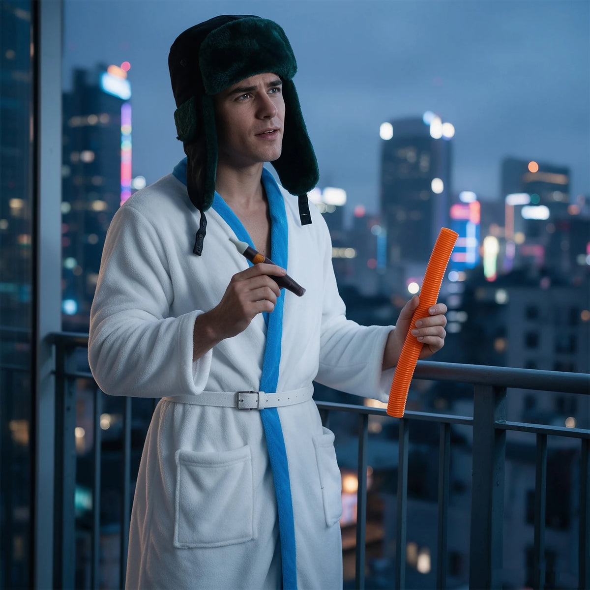 Man dressed in the white robe, green trapper hat and belt, holding costume props on a balcony at night.