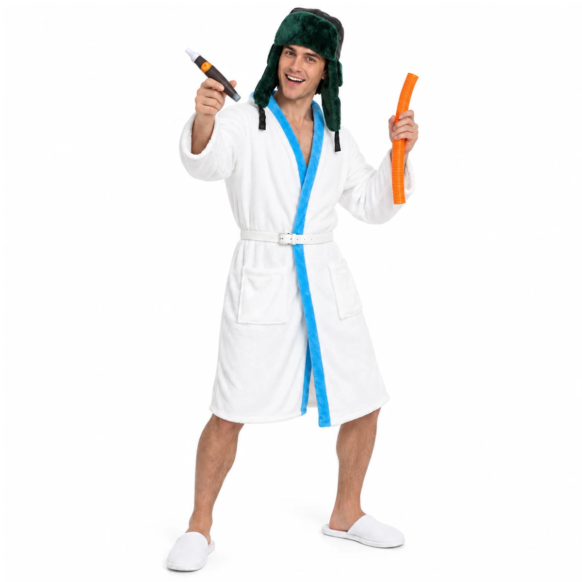 A man models the white bathrobe costume with blue trim, showing the relaxed fit and belted waist.