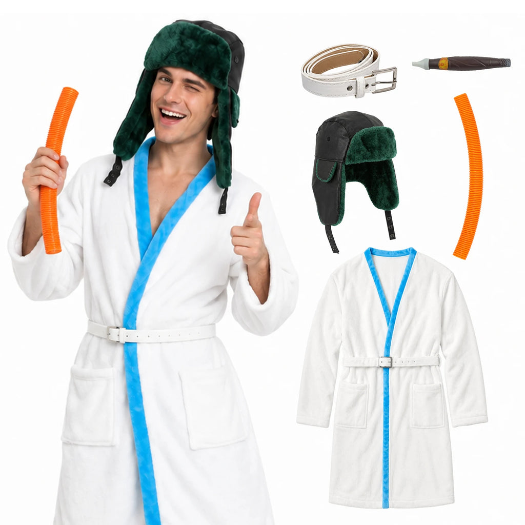 A man poses wearing the white bathrobe costume with blue trim and green trapper hat beside a flat lay of the robe, hat, belt and props.
