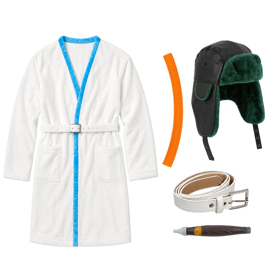 White robe with blue edging, green and black hat, buckle belt, orange hose prop and fake cigar arranged separately.