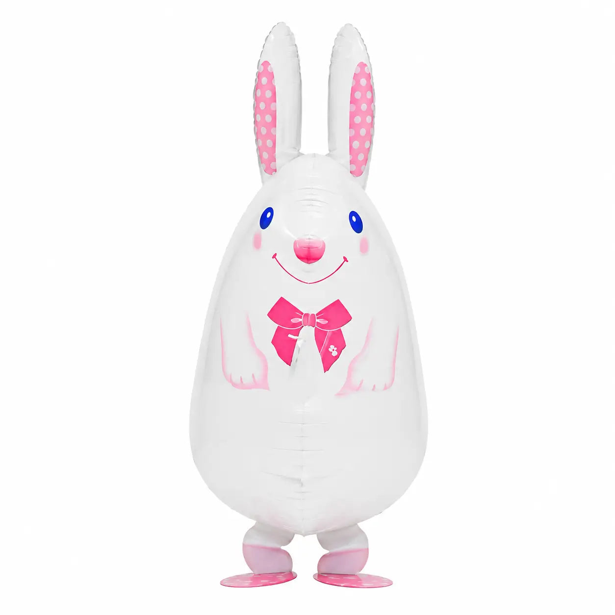 White bunny walking balloon toy with pink bow on white background